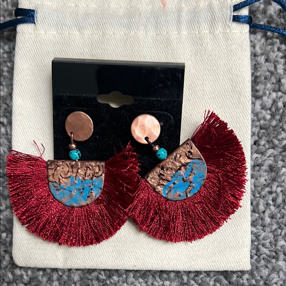 Turquoise & Burgundy Fan Tassel Earrings - Women Accessories